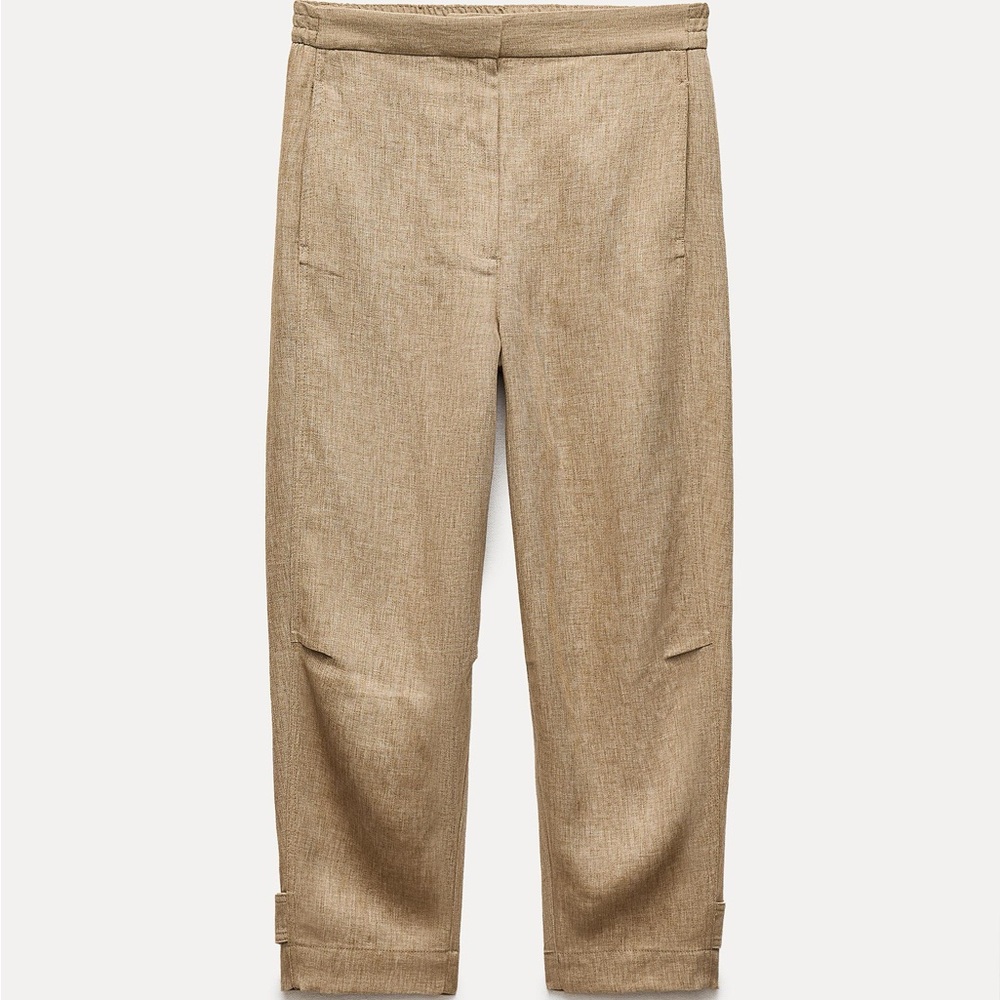 Brand New w Tags! ZARA Taupe Cropped Linen-Blend Trousers Size M